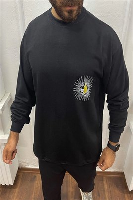 Güneş El Oversize Ön ve Sırt Baskılı Erkek Siyah Sweatshirt